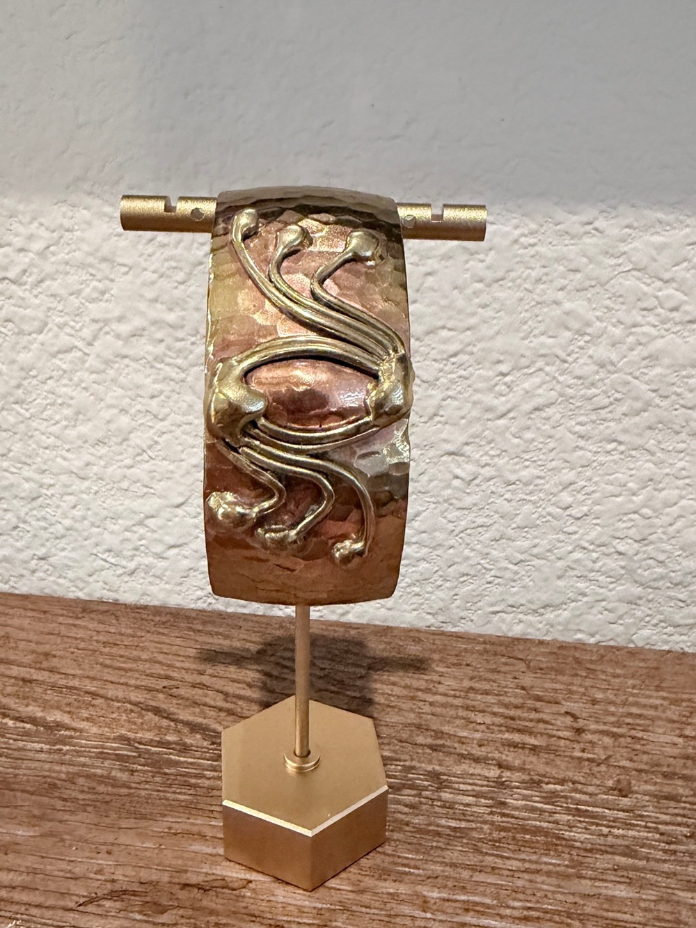 Brass-Tone Hammered Metal Decorative Cuff Sculpture - Gold and Copper